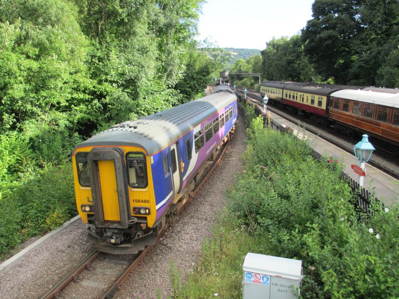 Northern Rail Metro-Cammell Super Sprinter DMU Class 156 480 train (carriage unit 156480, carriage nos. 52480 and 57480) entering Grosmont Station with a Whitby Middlesbrough train