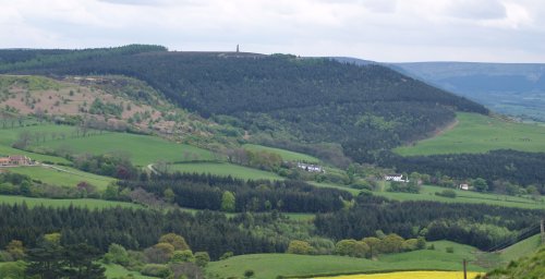 Descending Roseberry Topping, view over to the Captain Cook Monument on Easby Moor.