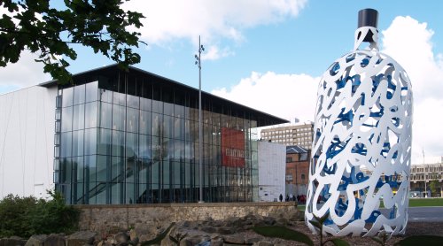 On the left MIMA, The Middlesbrough Institute of Modern Art and on the right the prominent 'bottle' sculpture.