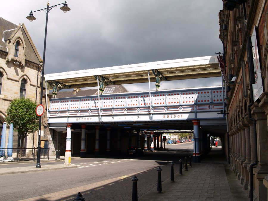 The iron Albert Bridge built by the North Eastern Railway carrying the station platforms and railway tracks.