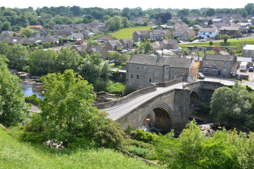 View of the medieval road bridge over the River Tees from the xyz walls Barnard Castle, County Durham, England