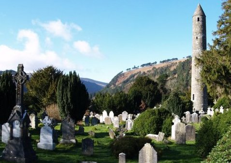 The Round Tower at Glendalough (the glen of the two lakes), the monastic settlement that dates from the 6th century. The life and work of St Kevin (died 612AD) who founded the monastery, is always associated with this early Christian settlement.