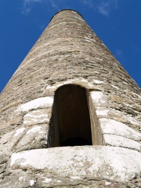 Looking up the side of the Round Tower at Glendalough.