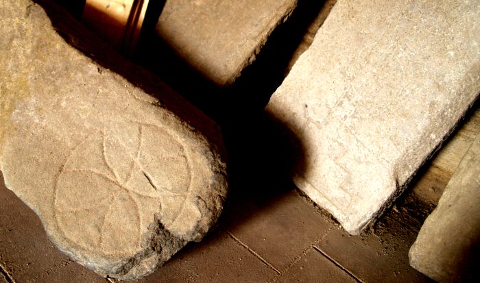 An old medieval Christian cross-slab gravestone Tintern Abbey, Wexford, Ireland