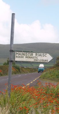 The sign for the Reask Monastic Enclosure (Mainistir Riaisc) - Early Christian sites, Dingle Peninsular, Co. Kerry, West of Ireland