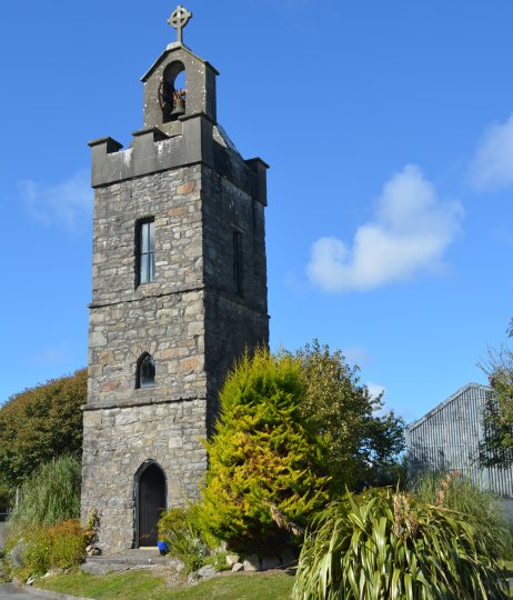 The bell tower of the a Franciscan Monastery was established in 1835, long since closed and only the bell tower remains. Roundstone, Connemara, Co. Galway, Ireland