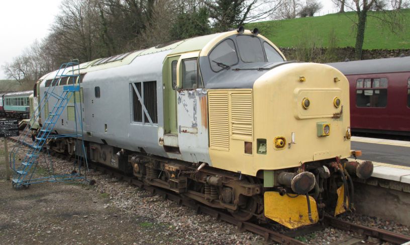 Class 37 diesel-electric locomotive 37674 (ex 37169) being restored on the Stainmore Railway, Kirkby Stephen East. Class 37 37674 is now working on the Wensleydale Railway (August 2014). Entered service in 1963 as D6869