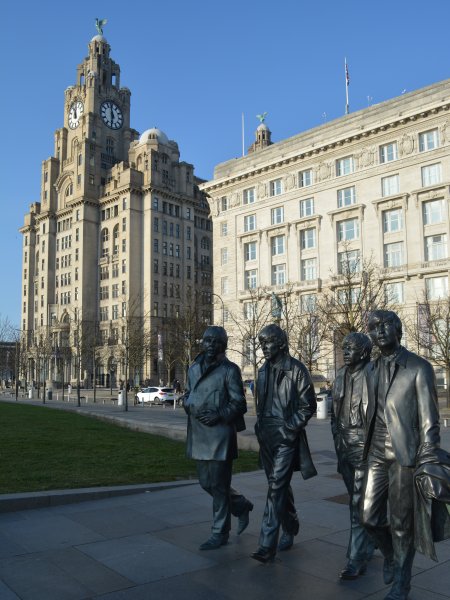 Liver Building and Beatles Fab Four sculpture statues Pier Head Pierhead Liverpool historic Merseyside waterfront