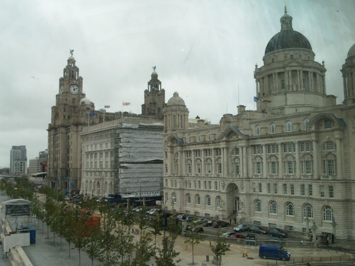 View of the 'Three Graces' from the upper floor of Museum of Liverpool