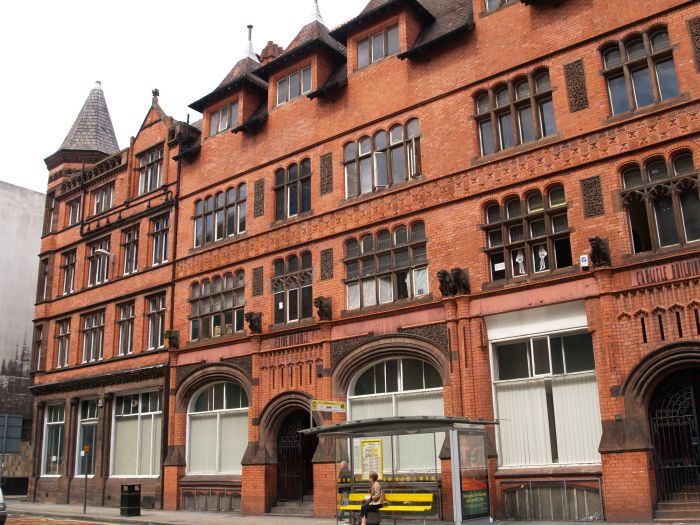 The fine brick architecture in Victoria Street, Liverpool, of the Jerome Building (1883) and Carlisle Buildings (1885) were designed by John Clarke for the iron founder H Rankin. Red Ruabon bricks with Red Runcorn stone dressing.