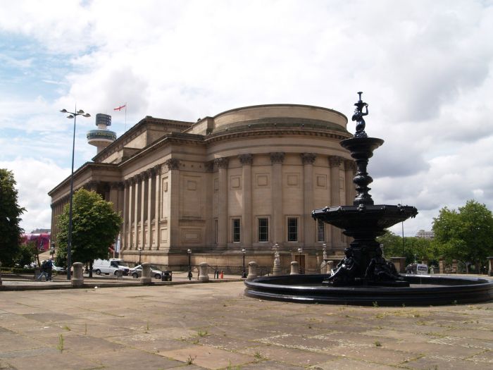 Liverpool semi-circular Picton Reading Room attached' to St George's Hall, in the foreground is the large black water fountain that separates St George's Square from William Brown Street