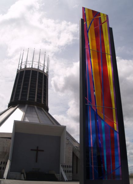More of the tall stained glass window panels at the rear' of the cathedral RC Roman Catholic Cathedral Liverpool