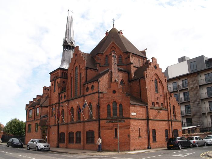 Liverpool The Gustaf Adolfs Kyrka (Swedish Seaman's Church) in Park Lane Built in 1883-1884 by W. D. Caroe interesting asymmetrical building.
