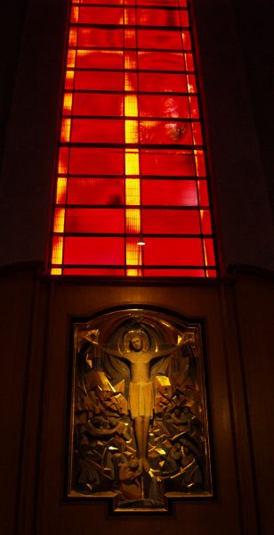 Chapel of Reconciliation stained glass window and statue of Christ RC Roman Catholic Cathedral Liverpool