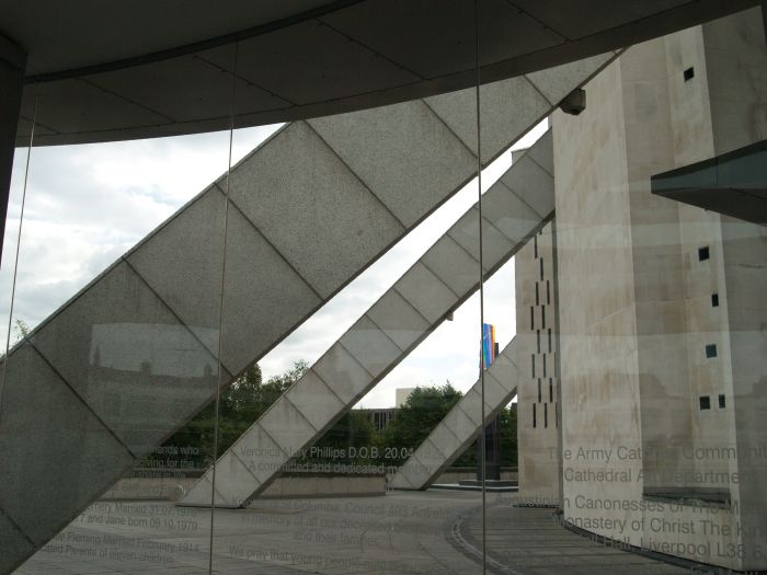 The angled concrete 'buttresses' supporting the main structure of the RC Roman Catholic Cathedral Liverpool
