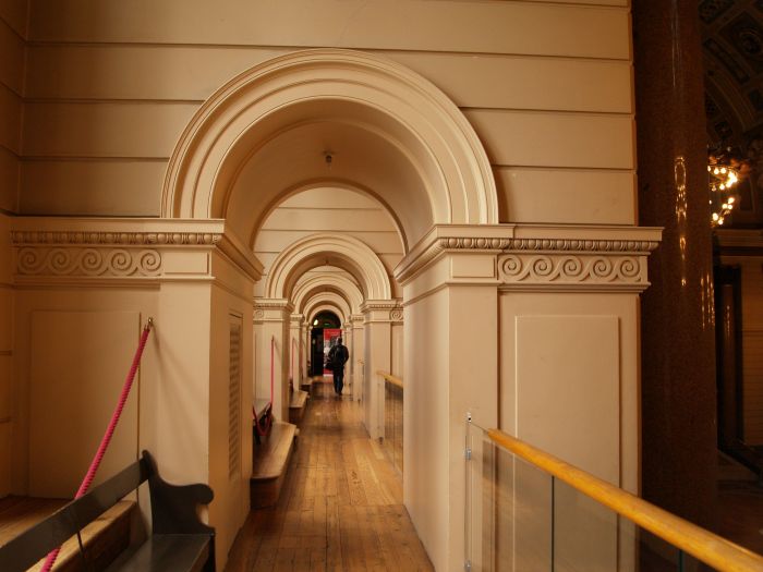Looking along the long gallery-balcony of the St George's Concert Hall Liverpool