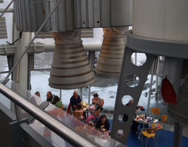 Atmospheric 'cafe' 'cafe' place to eat under the retired rocket engines! The National Space Centre, Leicester, England, English Midlands