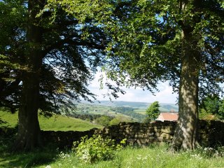 View of the Esk Valley from the garden of Lealholm Hall, River Esk Valley, North Yorks Moors, North Yorkshire, England