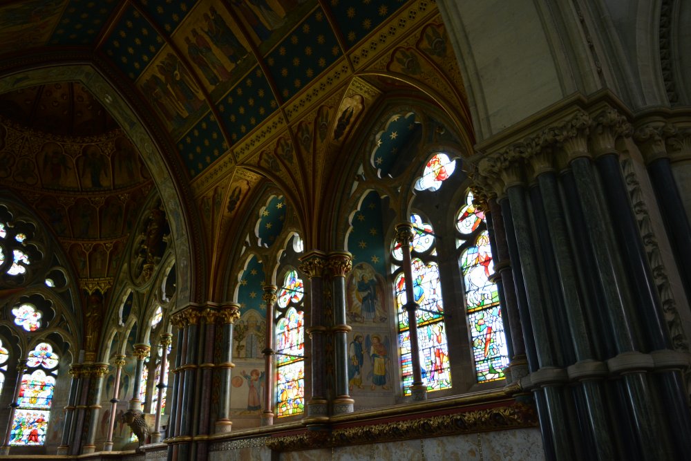 stained glass window panels in the chancel of St Mary's Church, Studley Royal