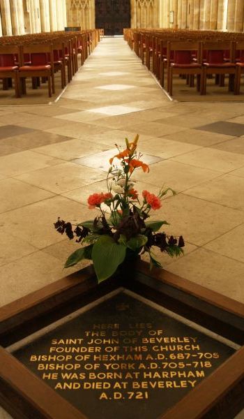 Beverley Minster: St John of Beverley founded this church. He was Bishop of Hexham from AD 687-705 and Bishop of York from AD 705-718. He was born at Harpham and died in Beverley in AD 721.