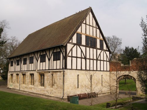 The 16th century Hospitium 'guest house' of St Mary's Abbey. The building has a stone base and a framed timbered upper structure.