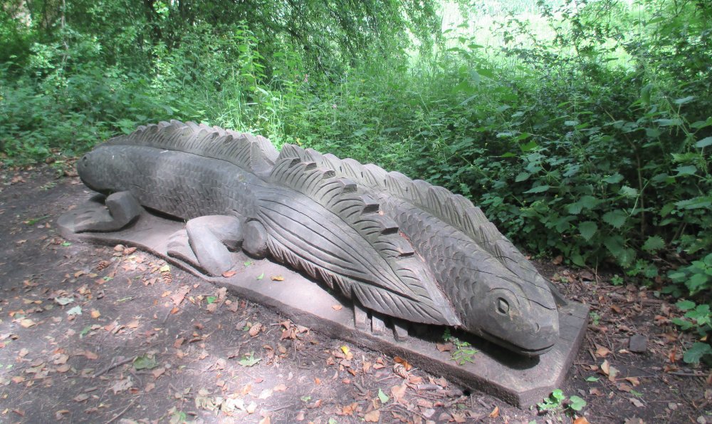 Wooden sculptures of animals on the old railway track bed near Pinchinthorpe