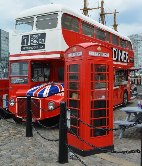 old London bus Street food diner Royal Albert Dock Canning Dock Liverpoo