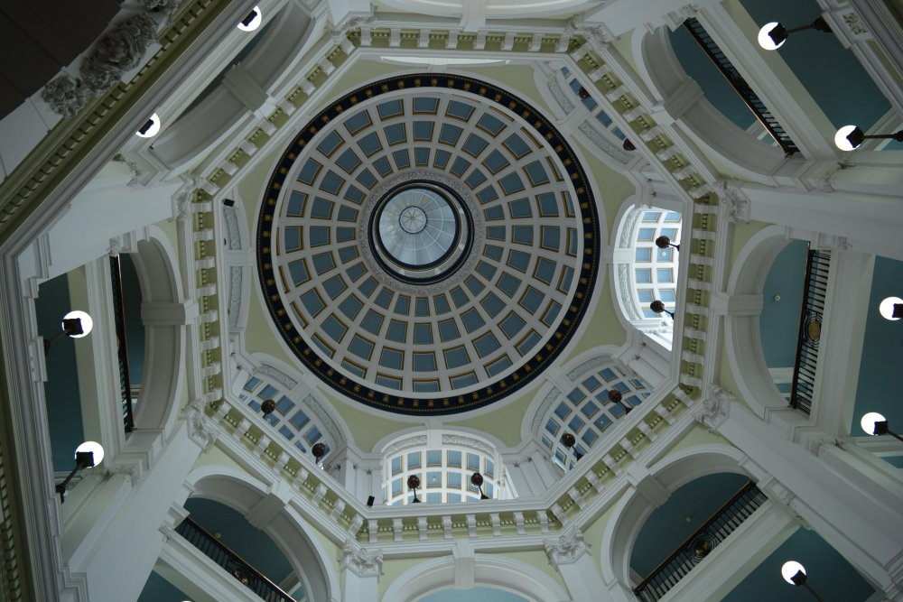 Looking up into the dome of the Port of Liverpool building Pier Head Liverpool