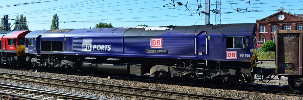 DB Class 66 diesel locomotive 66109 name Teesport Express in blue PD Ports Livery