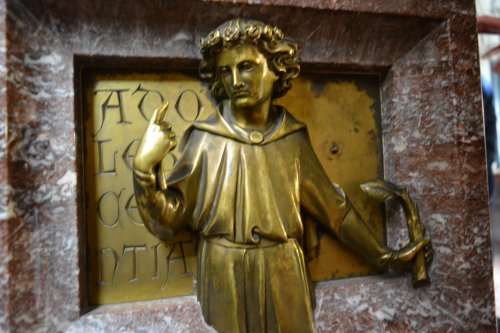 font sculpture youth in situ St Mary's Church, Studley Royal