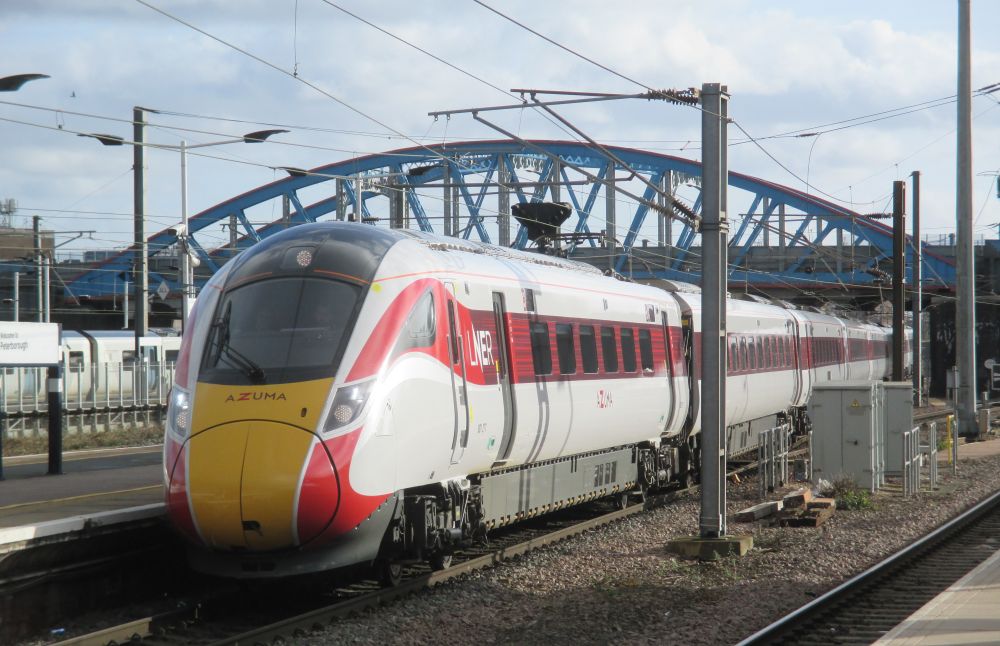 Entering Peterborough Station, Class 801 EMU 801217 train returning from Kings Cross with an LNER AZUMA service to Leeds