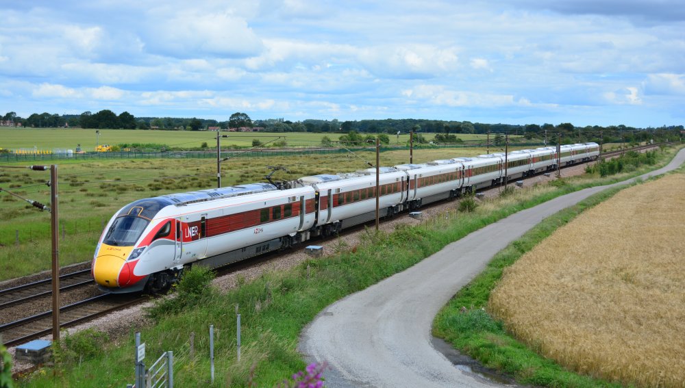 Class 801/2 EMU on the 1000 LNER Azuma service from Edinburgh to Kings Cross trainspotting Colton Lane road bridge