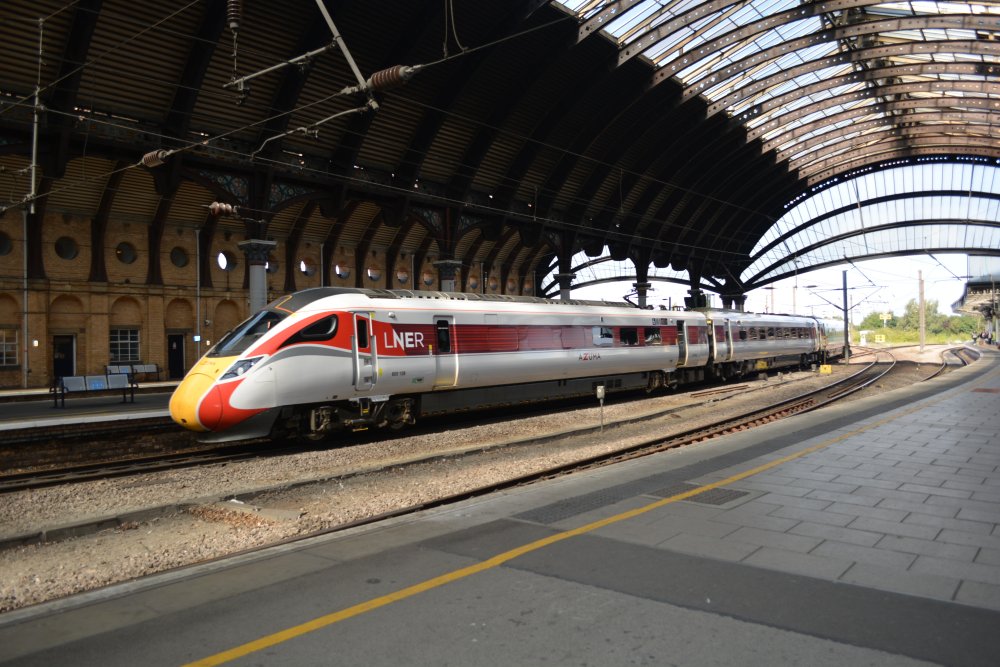 Azuma bi-mode Class 800 EMU 800108 entering York Station with Edinburgh - Kings Cross LNER service