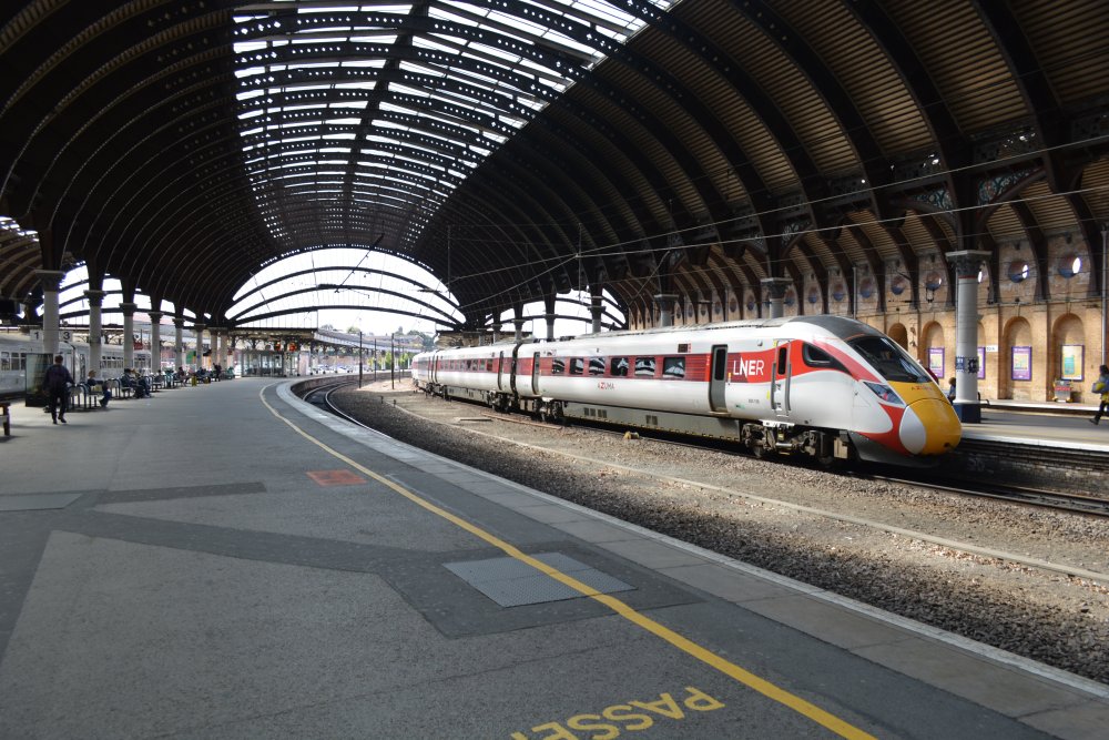 Azuma bi-mode Class 800 EMU 800108 Platform 5 York Station with an Edinburgh - Kings Cross LNER service