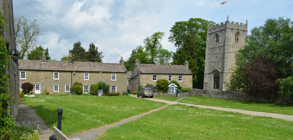 Another lovely one of Romaldkirk's greens between the Rose and Crown Inn and the Church of St Romald circular walk Cotherstone Romaldkirk River Tees Co. Durham, England
