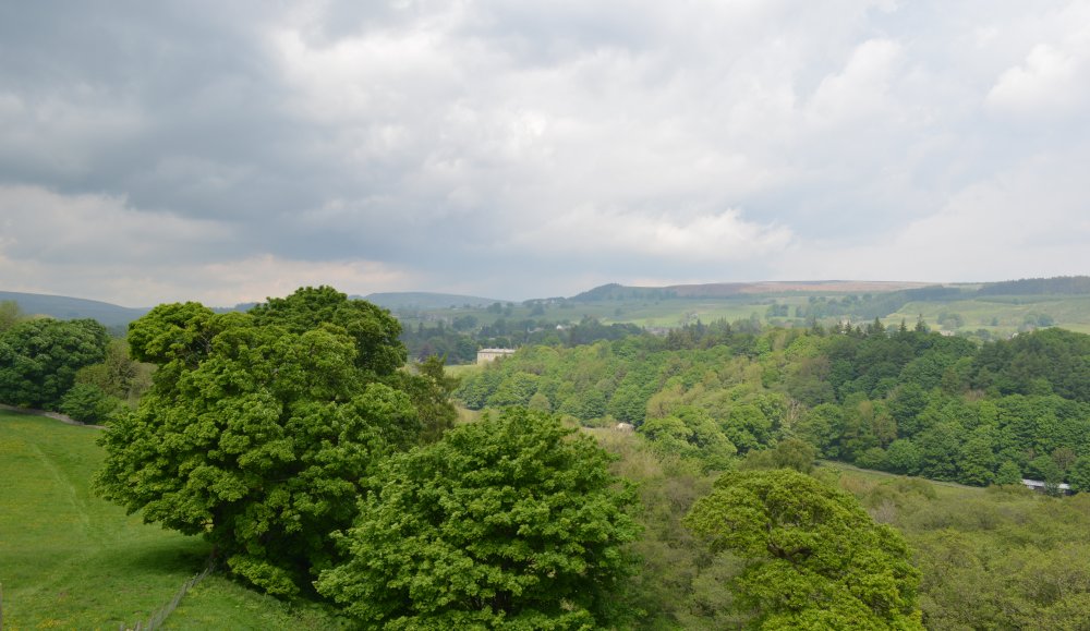 A wide view north towards Eggleston Hall from Hewcroft Hill circular walk Cotherstone Romaldkirk River Tees Co. Durham, England