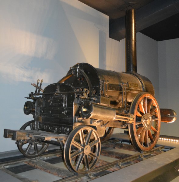Original George Stephenson ROCKET steam locomotive won contest to power Liverpool to Manchester Railway in Rainhill Trials of 1829 (York National Railway Museum, March 2022)