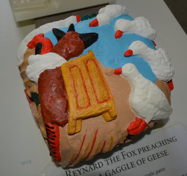 A full sized reproduction model of one of the bosses depicting Reynard the fox preaching to a gaggle of geese.