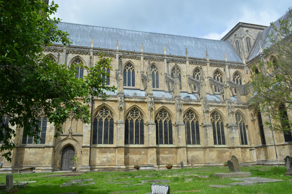 The exterior architecture of the south side of the nave and south aisle of Beverley Minster.