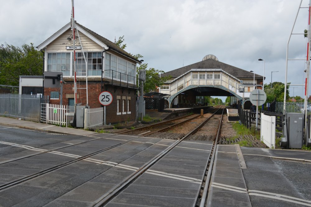 The level crossing and signal box by Beverley station on the Hull to Scarborough line.