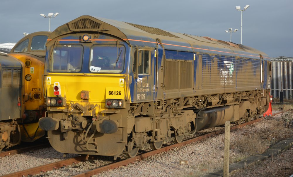 DRS operated Class 66 diesel-electron 66126 parked at York Station (January 2023)