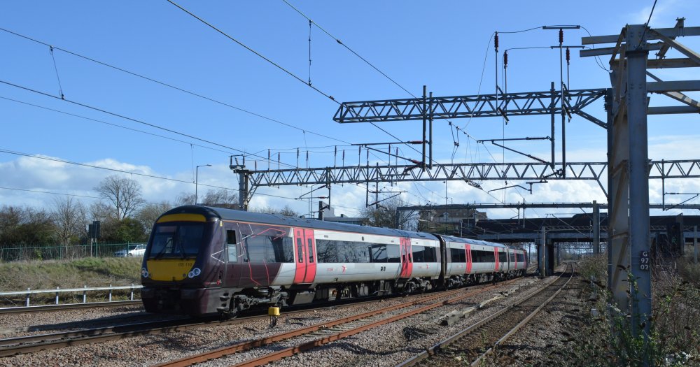 A Class 170 DMU unit 170623 entering Nuneaton station with a CrossCountry service from Stansted Airport to Birmingham New Street station (March 2023)