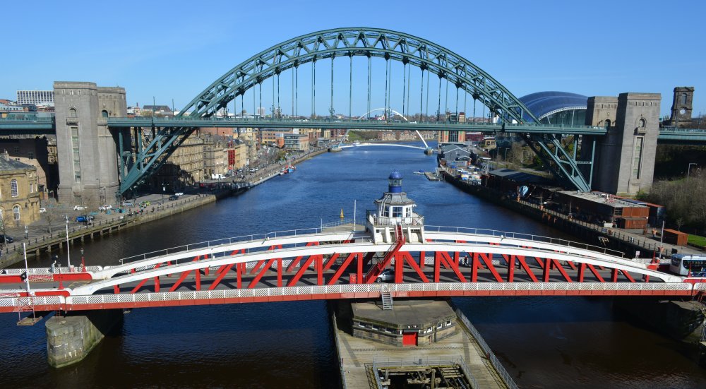 Some general views from the High Level Bridge down river to the Swing Bridge, Tyne Bridge and Millenium Bridge