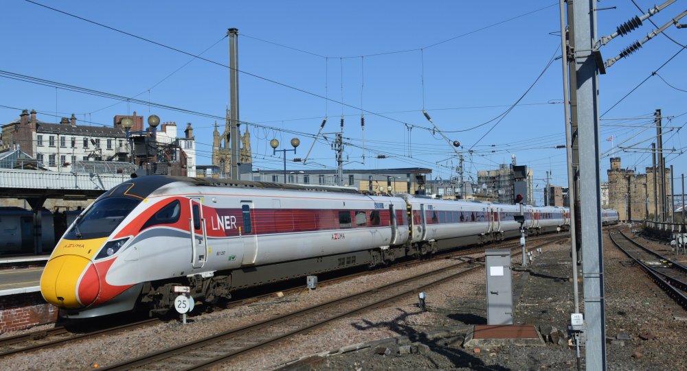 Class 801 EMU unit 801207 leaving Newcastle station with an LNER Azuma service from London to Edinburgh (April 2023)