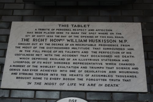 At Newton-le-Willows station are memorial plaques to the Rt Hon William Huskisson MP for Liverpool who was tragically killed by a steam locomotive accident at the famous Rainhill trials for the contract to run steam locomotive trains from Manchester to Liverpool