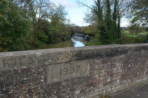 View of the Grand Union Canal and wharf, from the Kilby Bridge built in 1937 taking the Welford Road over the canal.