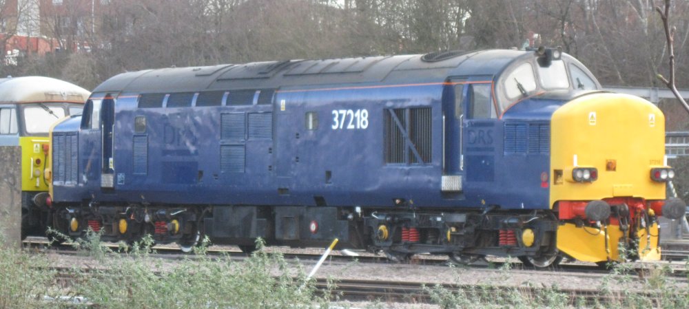 Class 37 37218 diesel  locomotive, plain blue livery, in the yard of UK Rail Leasing (Jan 2024)