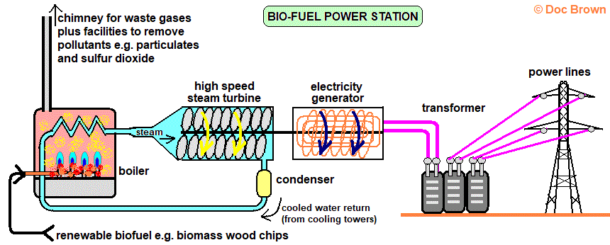renewable biomass energy store fuel diagram electricity power generation turbine generator transformer power lines