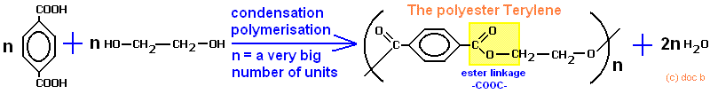diagram Terylene PET polymer formation from polymerising benzene-1,4-dicarboxylic acid and ethan-1,2-diol condensation polymer fibre advanced A level organic chemistry