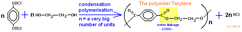 polymerising di acid chloride of benzene-1,4-dicarboxylic acid and ethan-1,2-diol condensation polymer diagram Terylene PET polymer formation fibre advanced A level organic chemistry